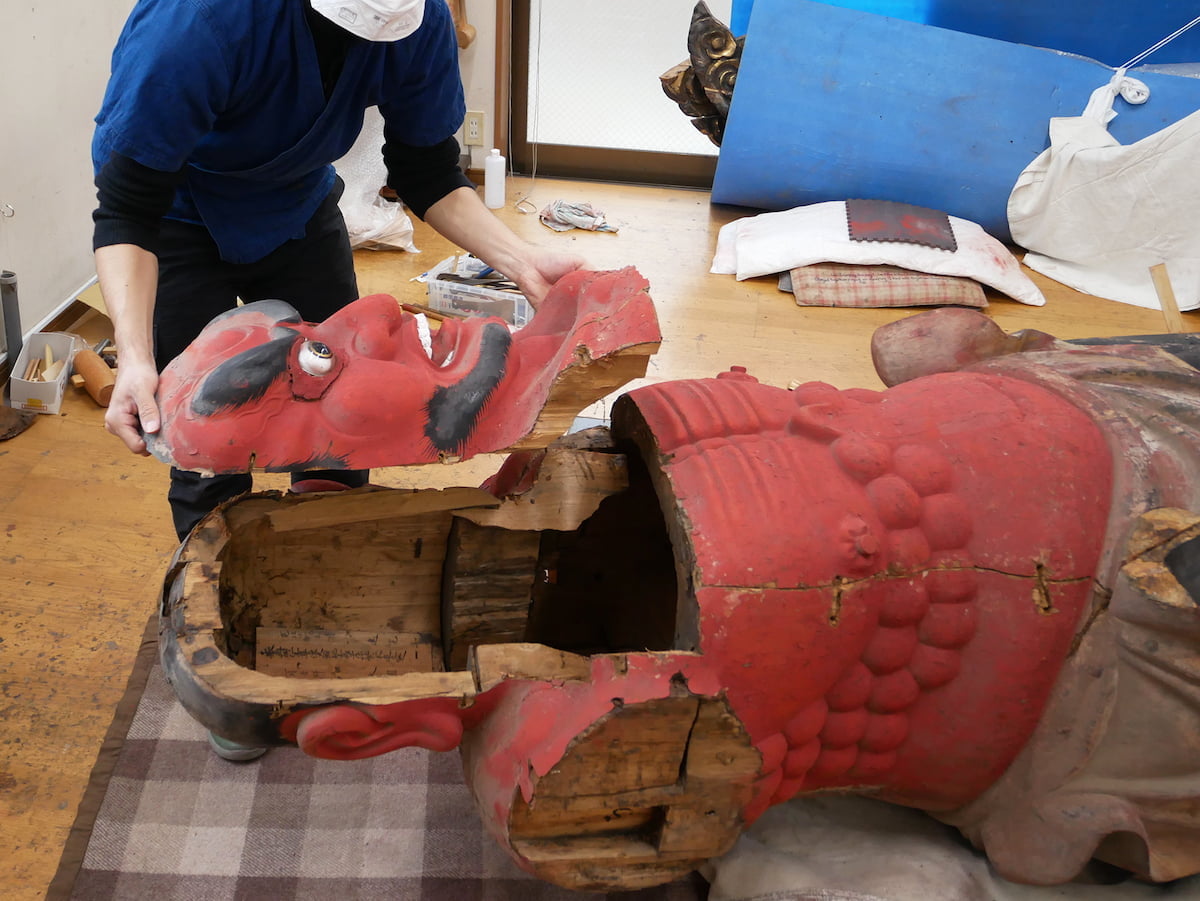 阿形仁王像 頭部解体作業